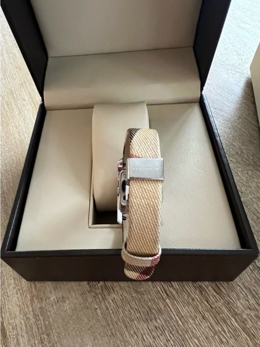 Burberry Plaid Strap Rectangular Watch in Beige, Black, Red